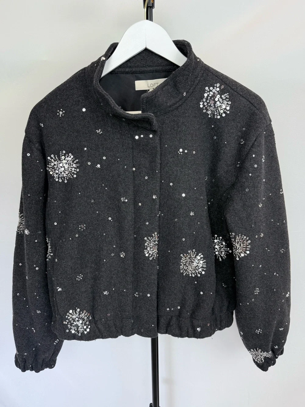 LOFT Dark Gray Sequin-Accented Zip Front Jacket